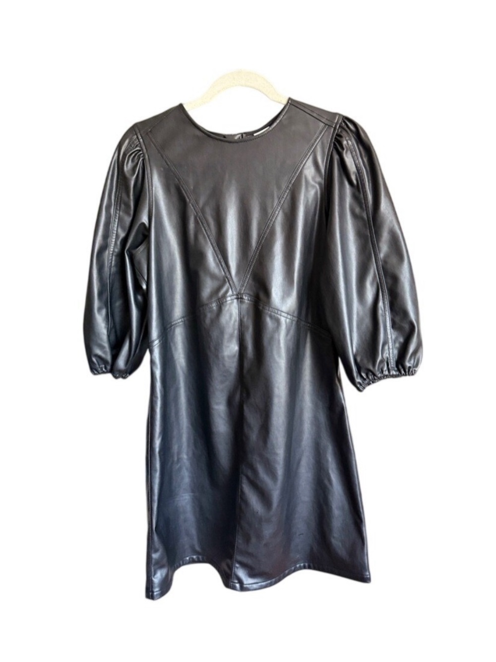 H&M Black Faux Leather Mini Dress with Puff Sleeves